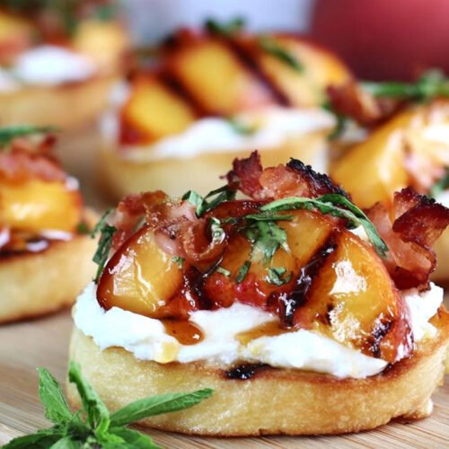 Honey Ricotta Peach Crostini with Crispy Pancetta
