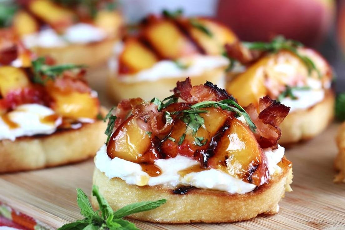 Honey Ricotta Peach Crostini with Crispy Pancetta