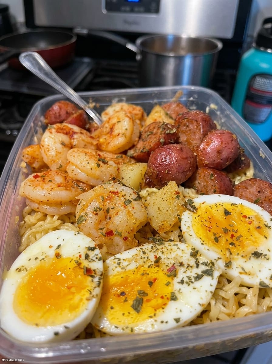 Garlic Butter Shrimp and Sausage Ramen Bowl